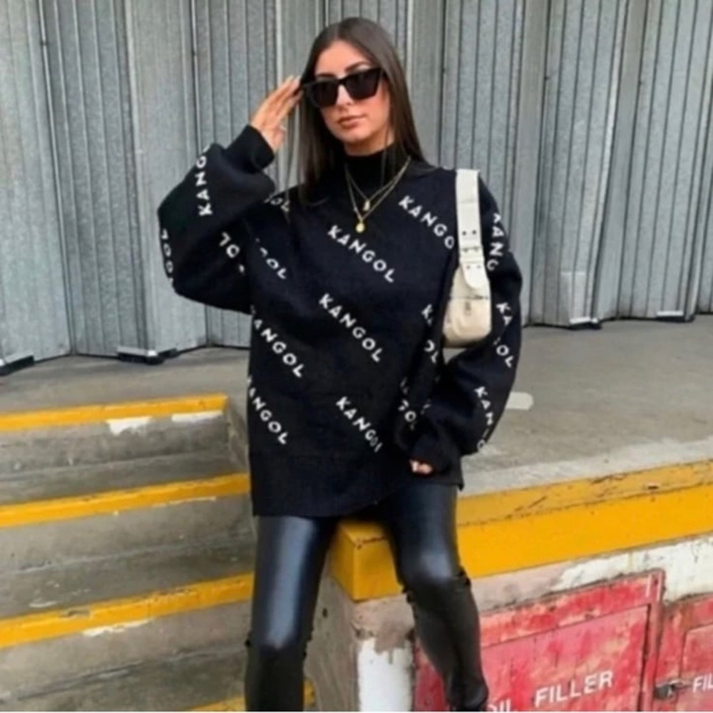 KANGOL Knit Oversized Turtleneck Logo Sweater Size: XSMALL